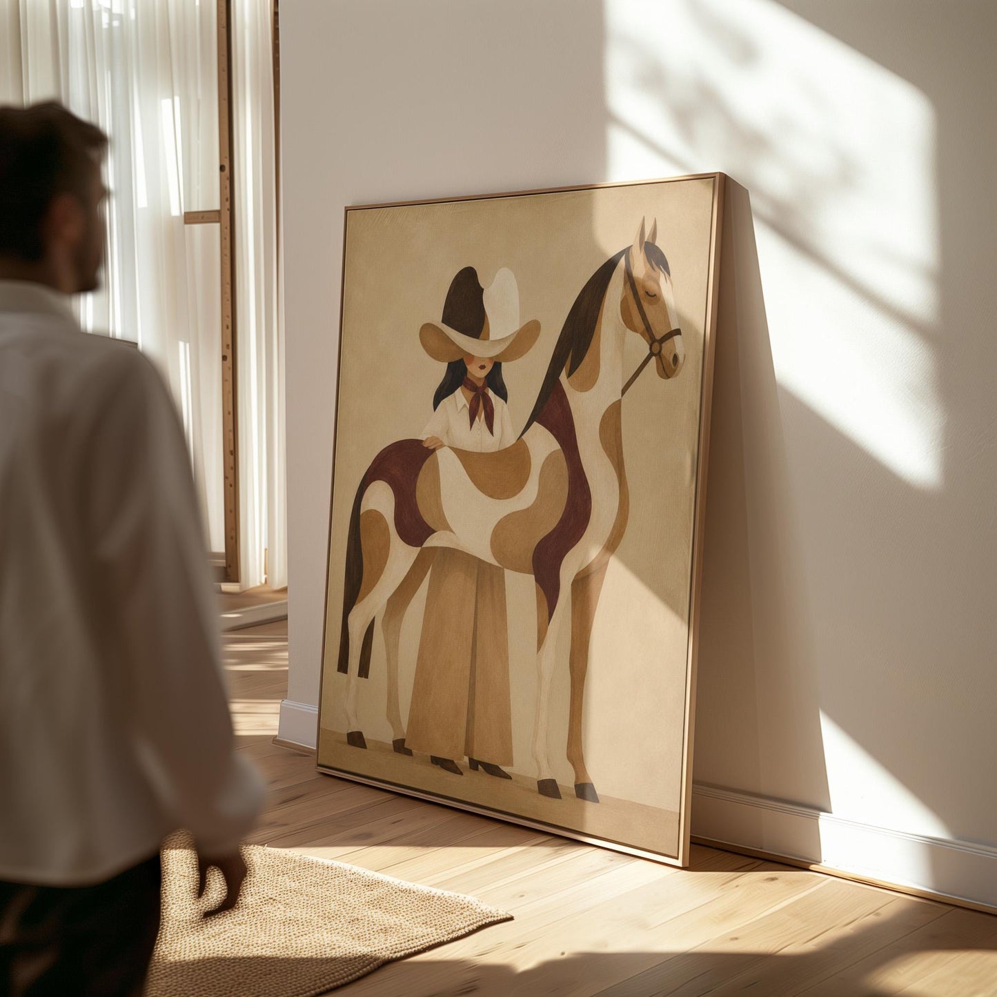 Cowgirl resting her hand on a paint horse with a deep burgundy blanket, canvas wall art presented in a light, minimal room