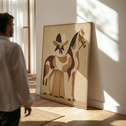 Cowgirl resting her hand on a paint horse with a deep burgundy blanket, canvas wall art presented in a light, minimal room
