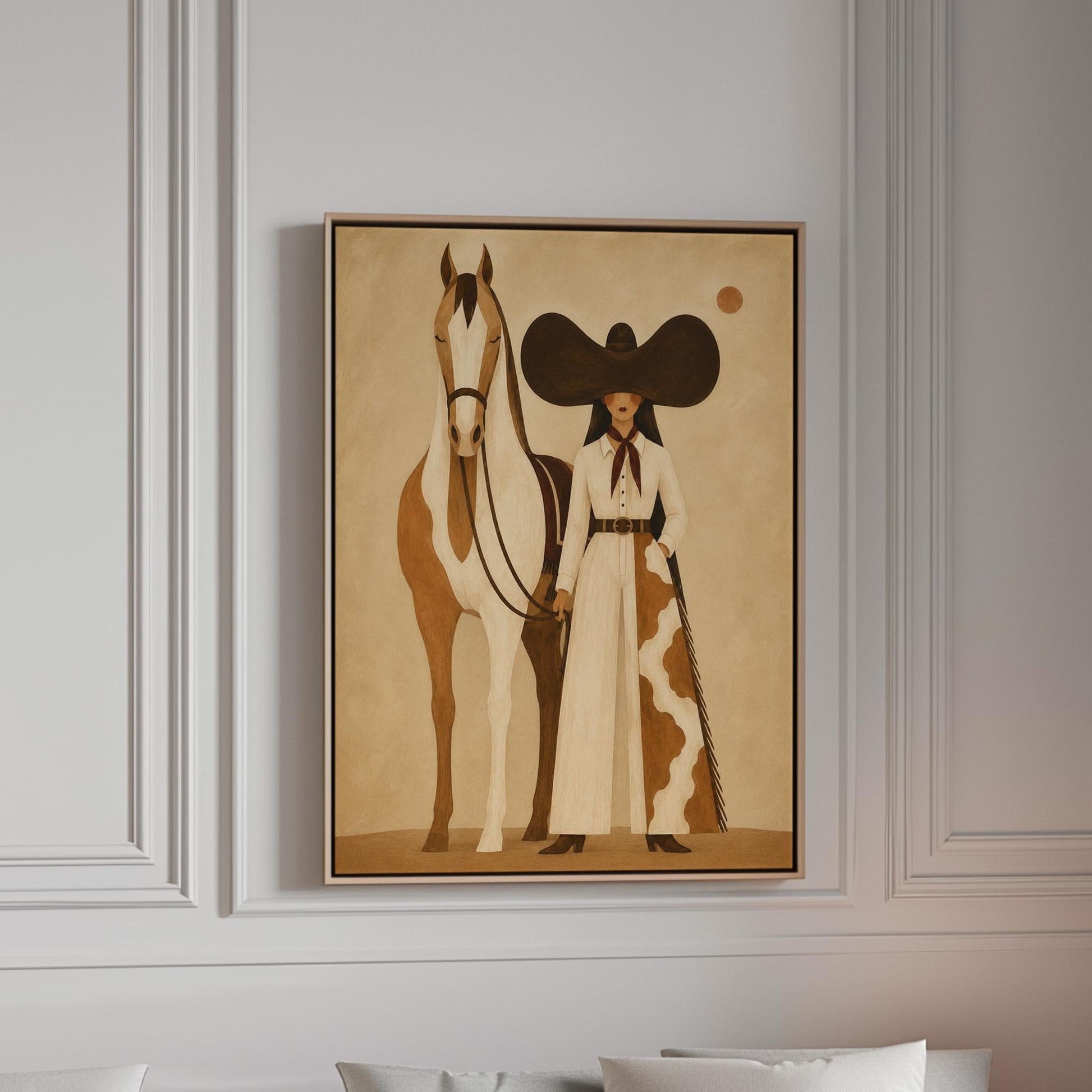 Cowgirl in a sculptural black hat standing with a horse in the desert sun, canvas print in a bright room with natural daylight