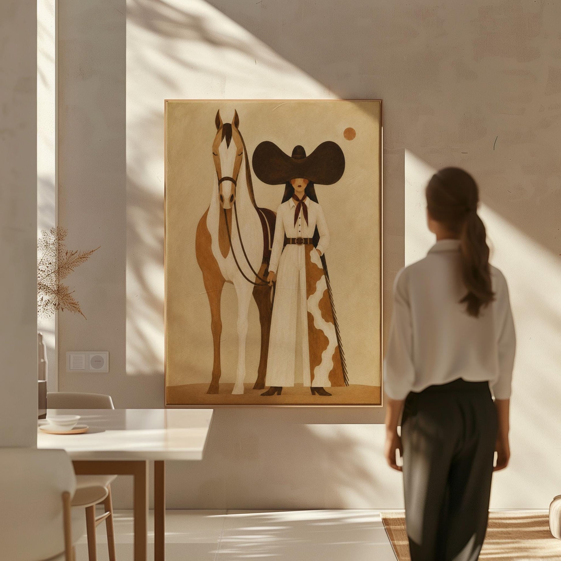 Cowgirl in a sculptural black hat standing with a horse in the desert sun, canvas print styled against a soft white wall