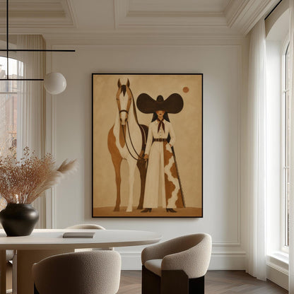 Cowgirl in a sculptural black hat standing with a horse in the desert sun, canvas print displayed on a neutral wall in a styled interior