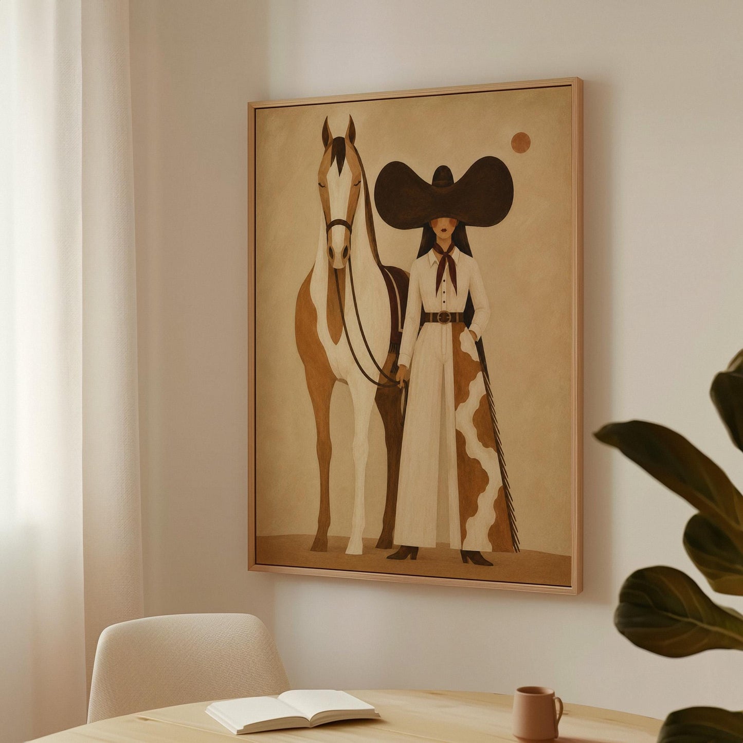 Cowgirl in a sculptural black hat standing with a horse in the desert sun, canvas wall art styled against a soft white wall