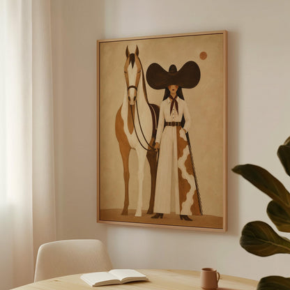 Cowgirl in a sculptural black hat standing with a horse in the desert sun, canvas wall art styled against a soft white wall