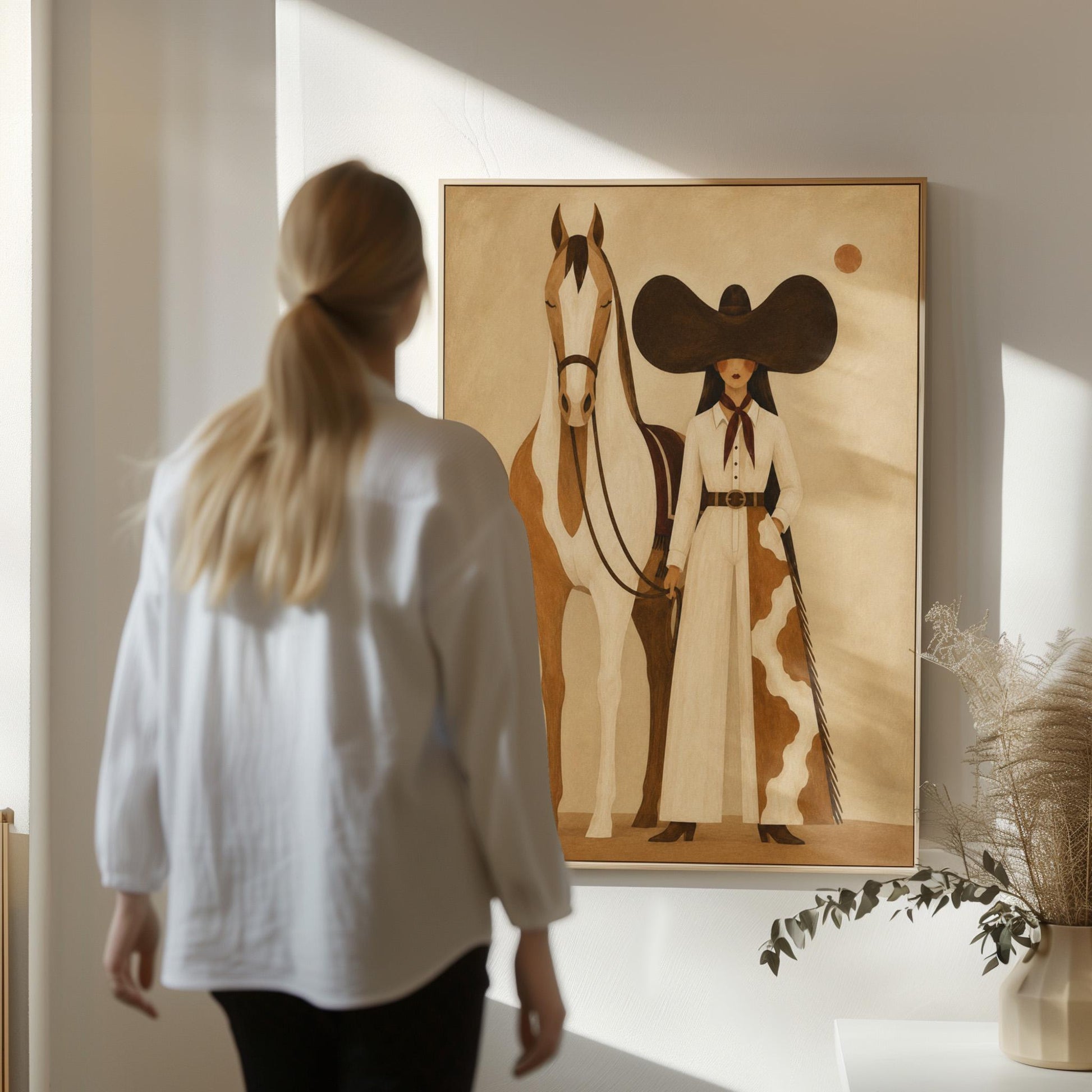 Cowgirl in a sculptural black hat standing with a horse in the desert sun, canvas wall art seen in a warm interior with natural light