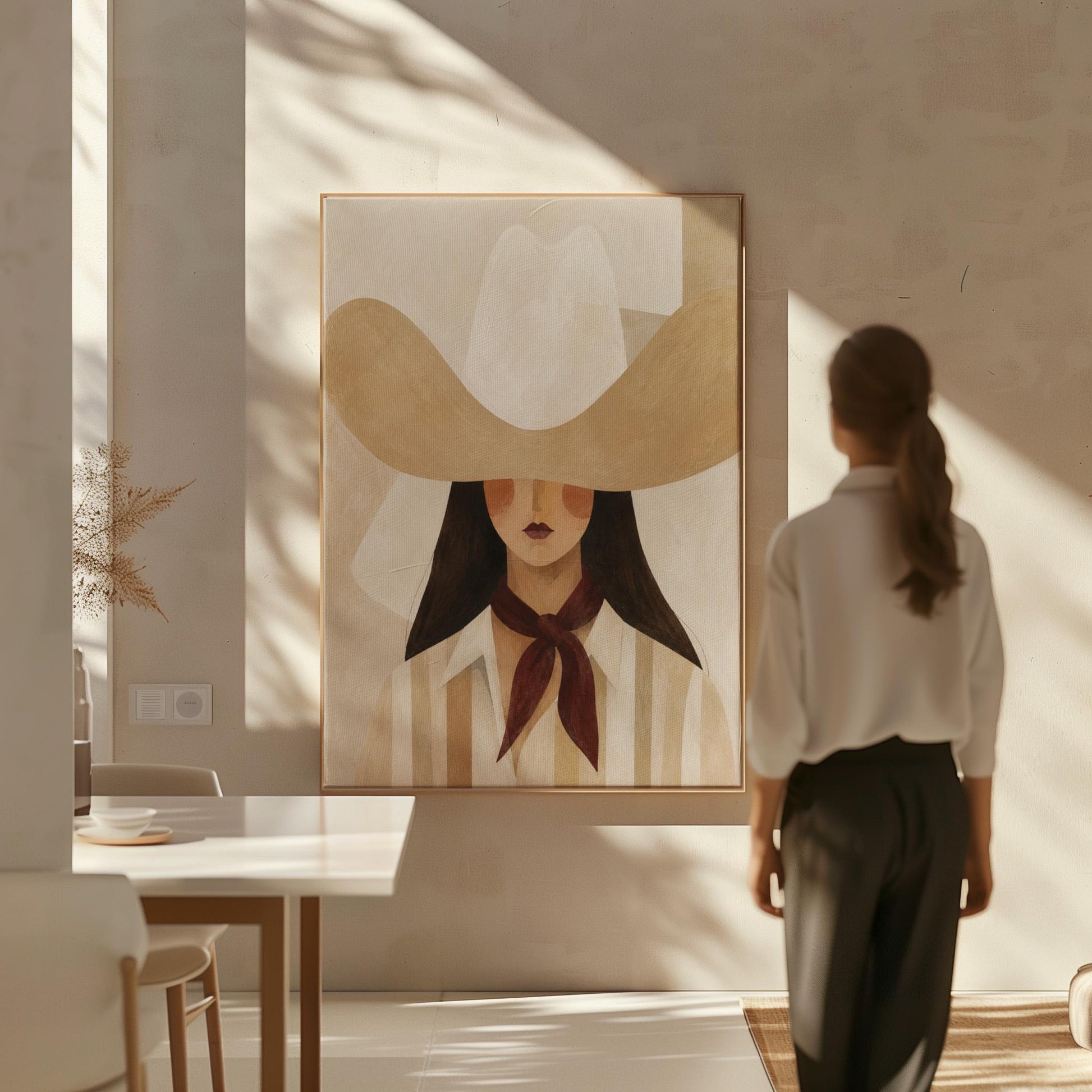 Close portrait of a cowgirl under a tan wide brim hat with a plum scarf, canvas print styled against a soft white wall