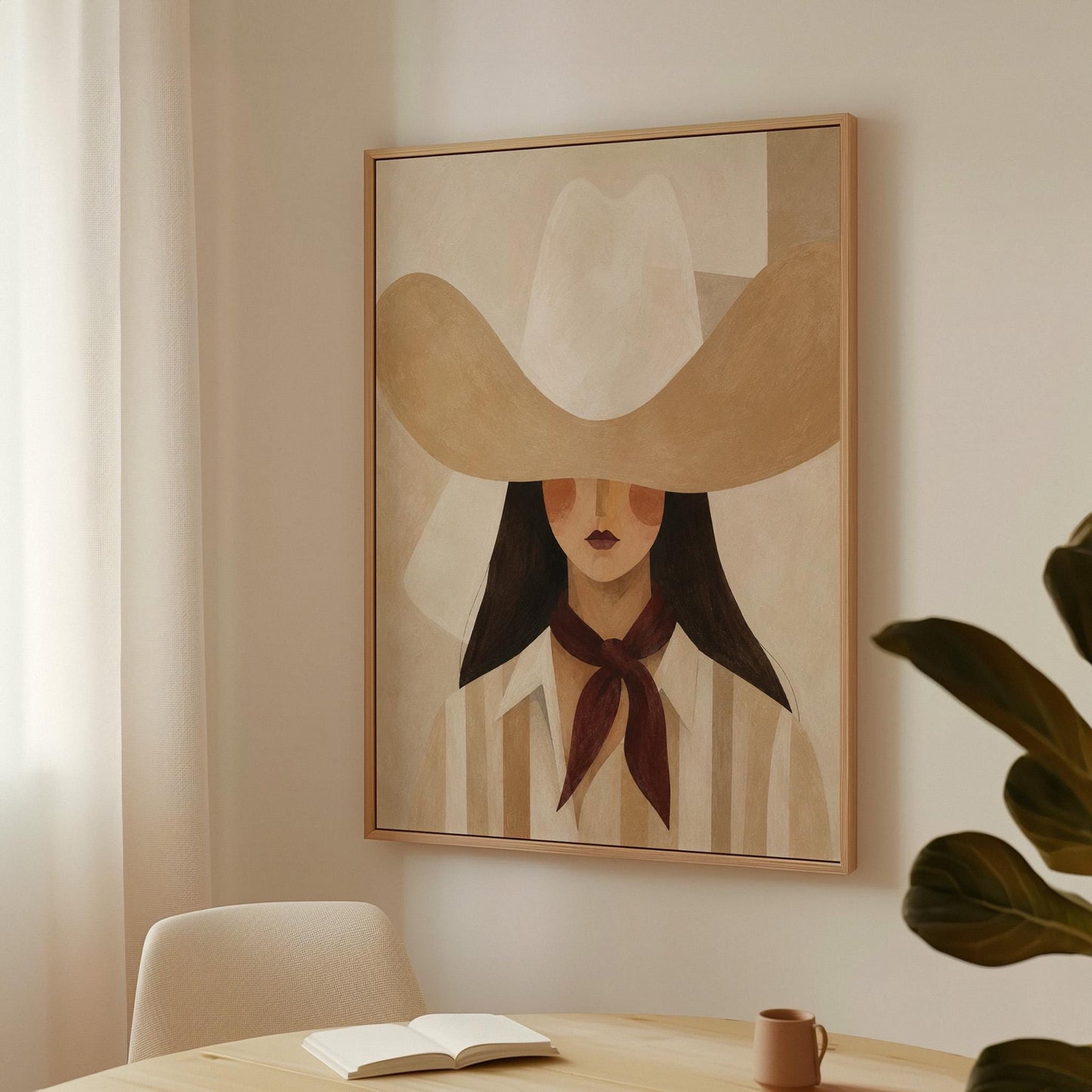 Close portrait of a cowgirl under a tan wide brim hat with a plum scarf, canvas print shown to scale in a furnished room