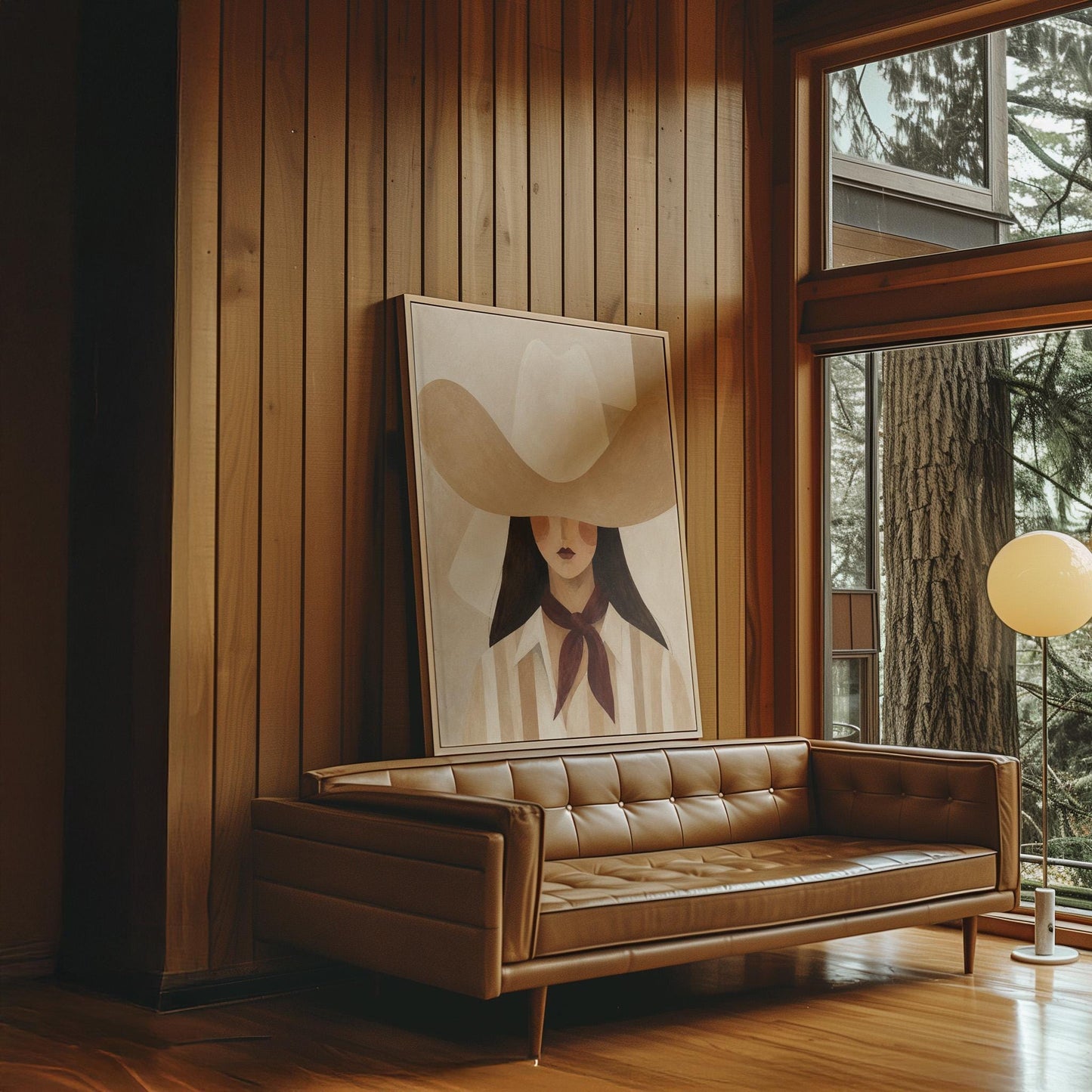 Close portrait of a cowgirl under a tan wide brim hat with a plum scarf, canvas wall art hanging in a calm, modern living space