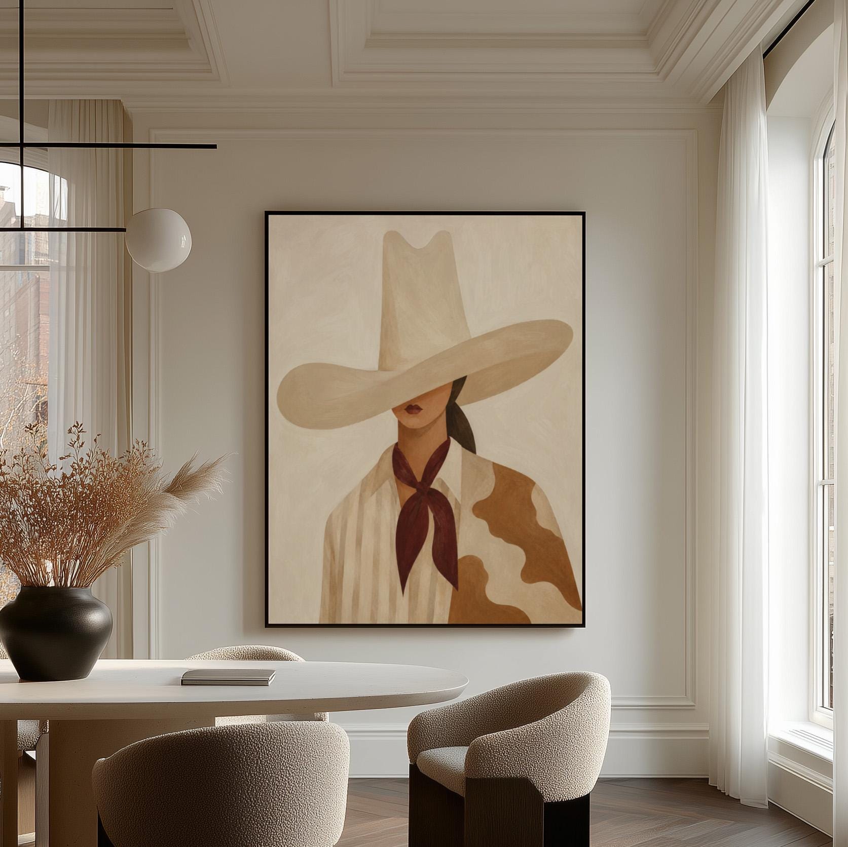 Cowgirl in a tall cream hat wearing a cowhide shawl and mauve scarf, canvas print seen in a warm interior with natural light