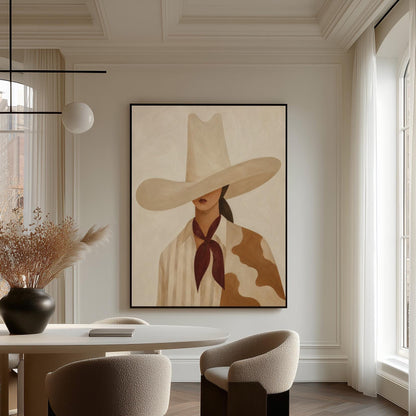 Cowgirl in a tall cream hat wearing a cowhide shawl and mauve scarf, canvas print seen in a warm interior with natural light