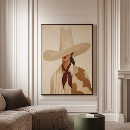 Cowgirl in a tall cream hat wearing a cowhide shawl and mauve scarf, canvas print on a softly lit wall in a calm interior