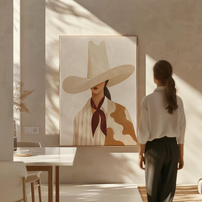 Cowgirl in a tall cream hat wearing a cowhide shawl and mauve scarf, canvas print displayed on a neutral wall in a styled interior