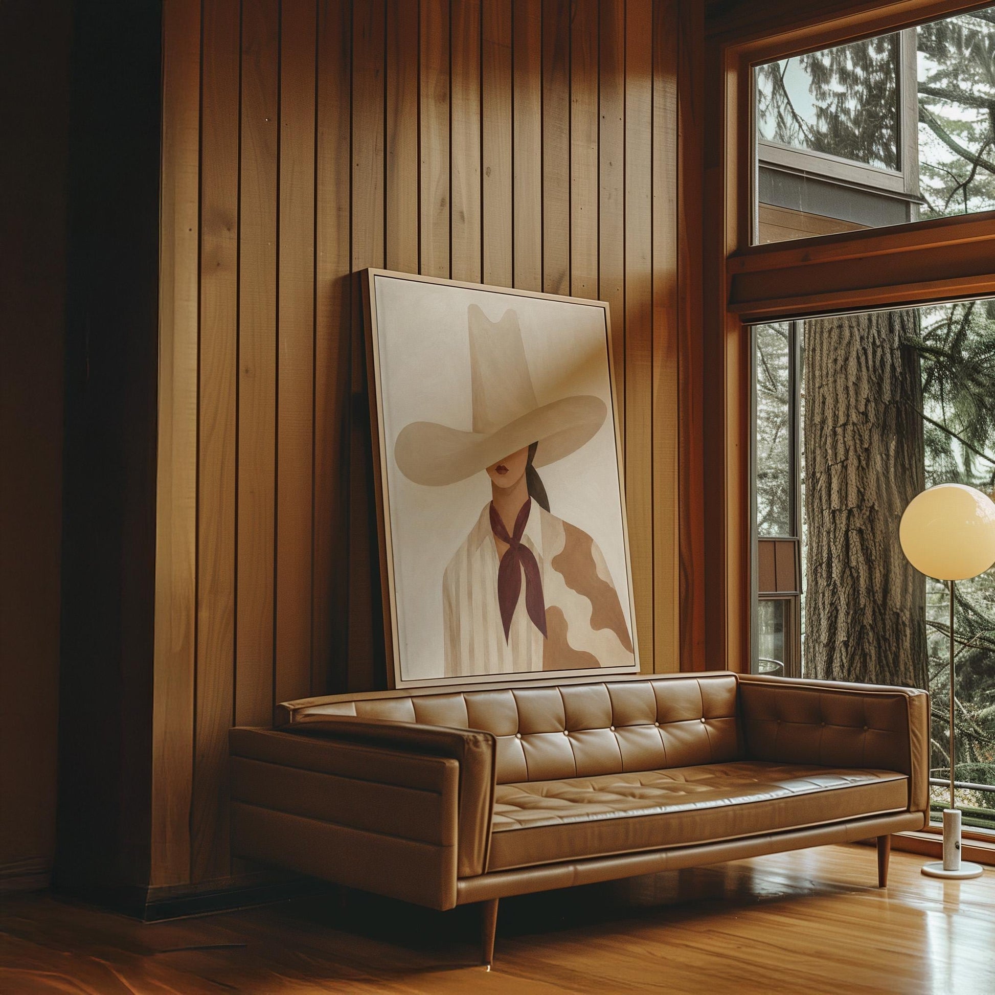 Cowgirl in a tall cream hat wearing a cowhide shawl and mauve scarf, canvas wall art hanging in a calm, modern living space