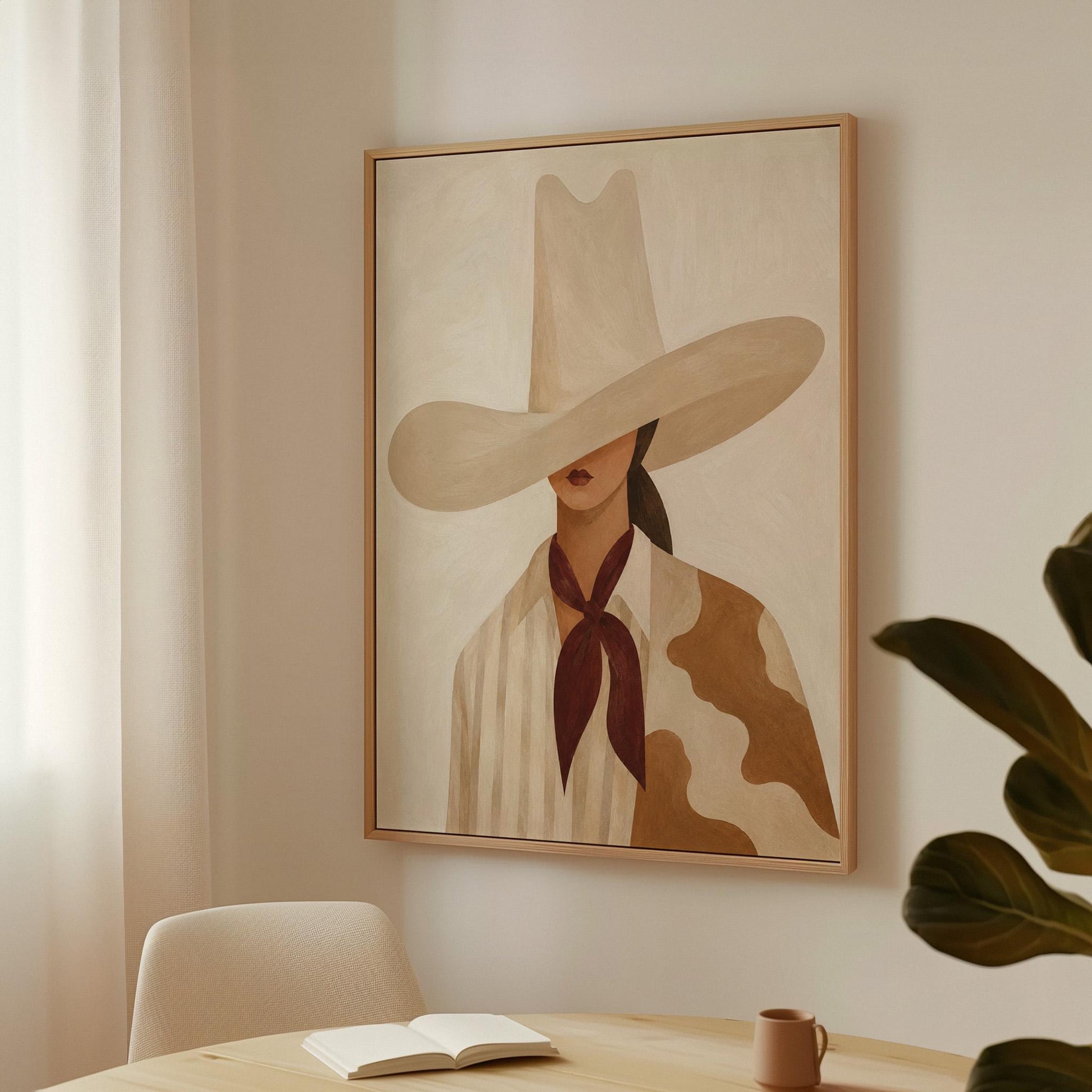Cowgirl in a tall cream hat wearing a cowhide shawl and mauve scarf, canvas wall art styled against a soft white wall