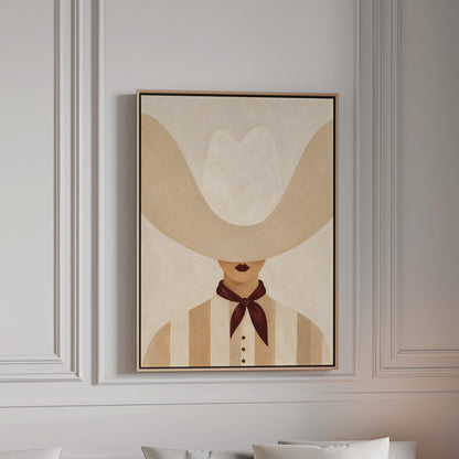 Woman under an oversized pale cowboy hat with a plum neckerchief, canvas print in a bright room with natural daylight