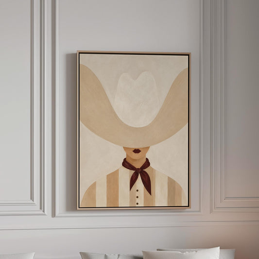 Woman under an oversized pale cowboy hat with a plum neckerchief, canvas print in a bright room with natural daylight