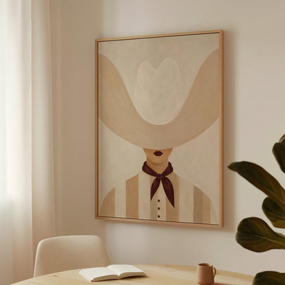 Woman under an oversized pale cowboy hat with a plum neckerchief, canvas print displayed on a neutral wall in a styled interior