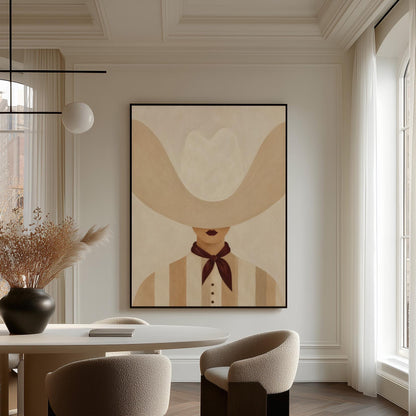Woman under an oversized pale cowboy hat with a plum neckerchief, canvas wall art hanging in a calm, modern living space