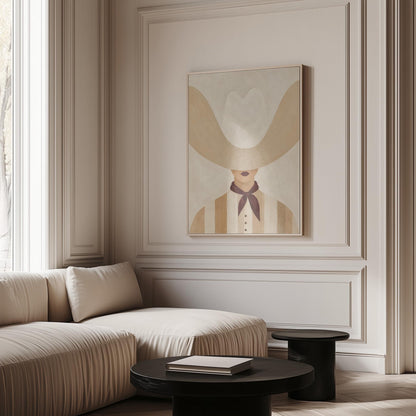 Woman under an oversized pale cowboy hat with a plum neckerchief, canvas print on a quiet wall in a considered interior