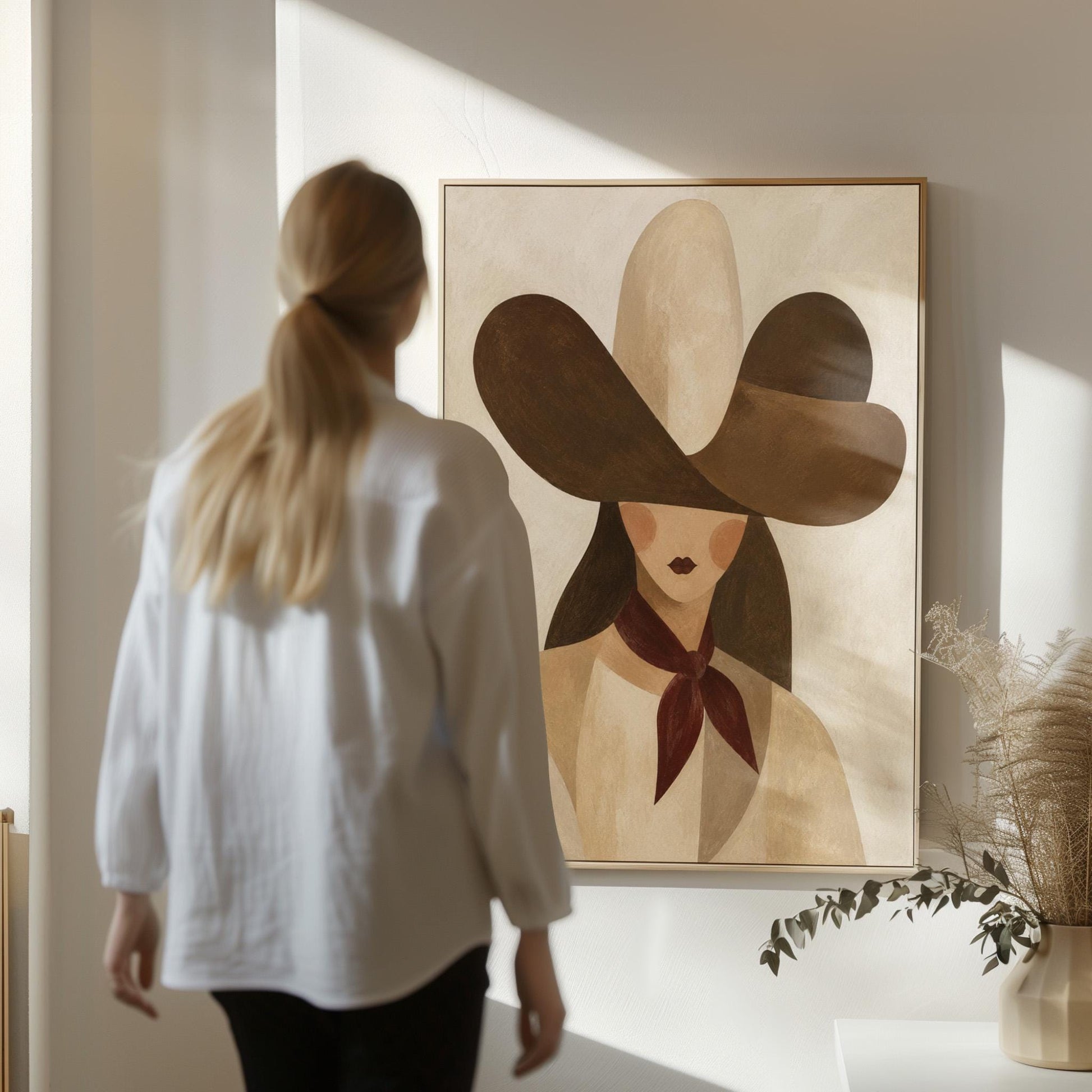 Woman in a deep brown cowboy hat with long hair and a wine red scarf, canvas print hanging in a calm, modern living space