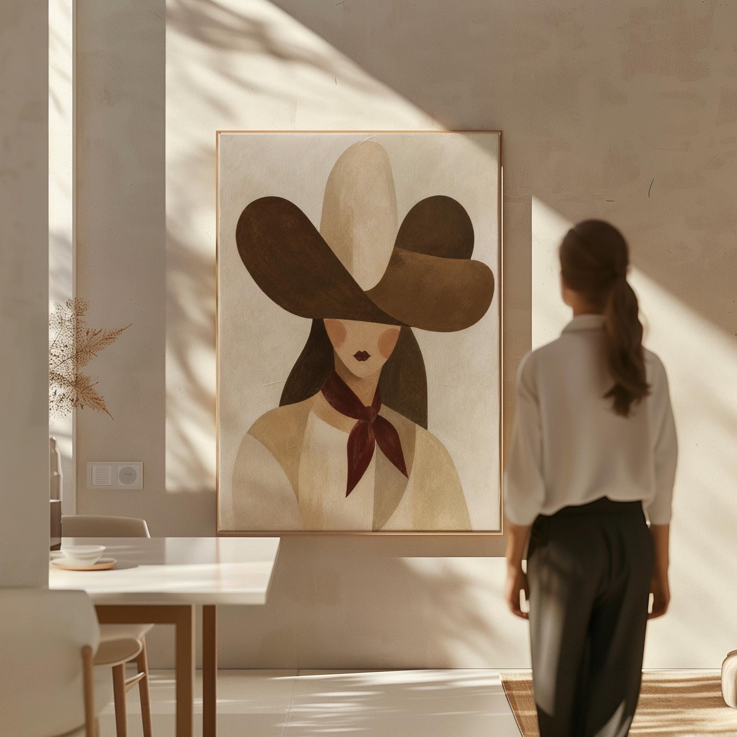 Woman in a deep brown cowboy hat with long hair and a wine red scarf, canvas print styled against a soft white wall