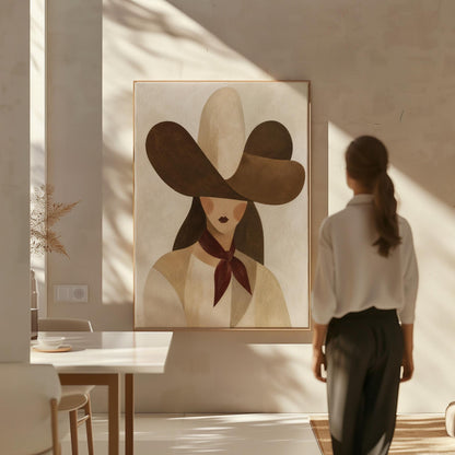 Woman in a deep brown cowboy hat with long hair and a wine red scarf, canvas print styled against a soft white wall