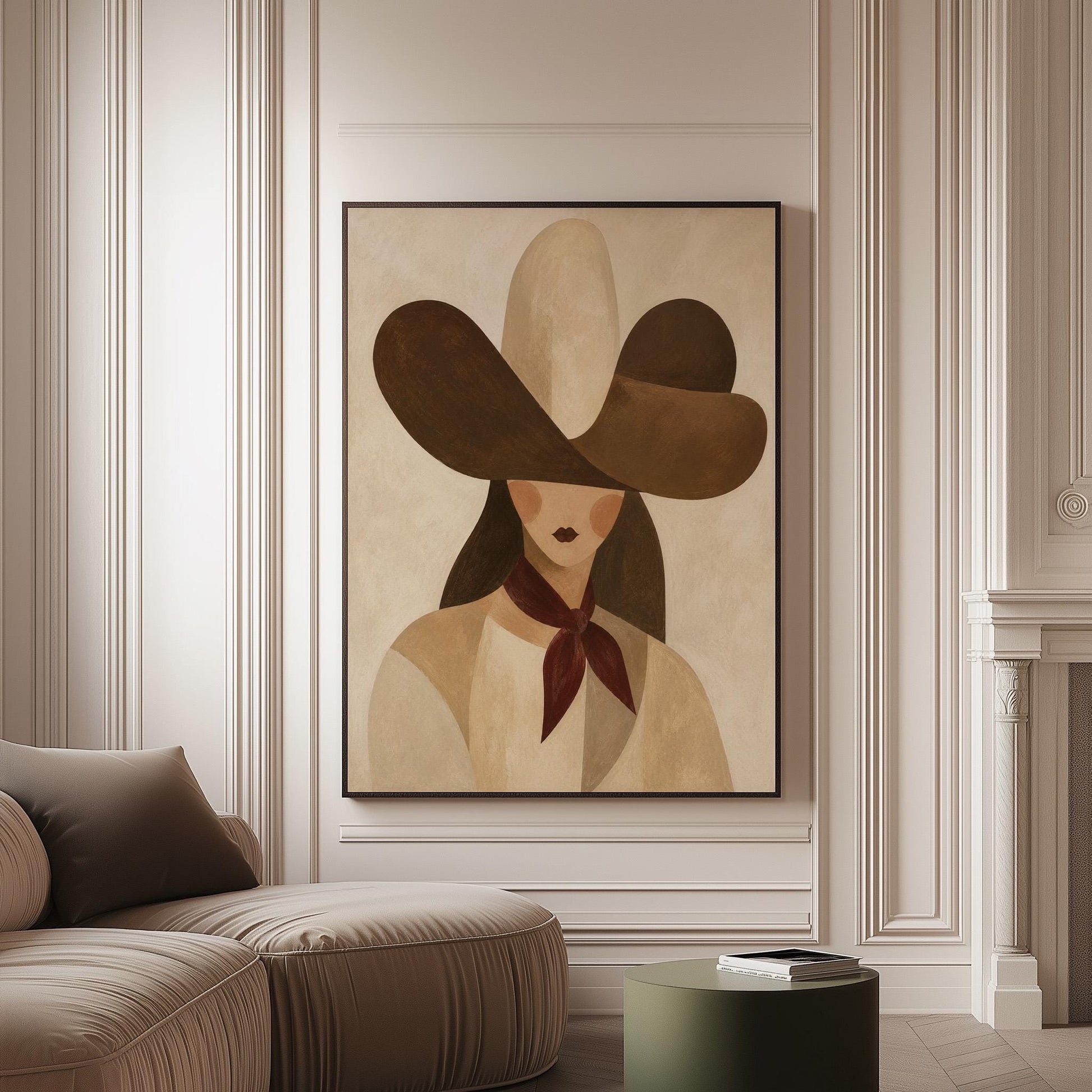 Woman in a deep brown cowboy hat with long hair and a wine red scarf, canvas print on a softly lit wall in a calm interior