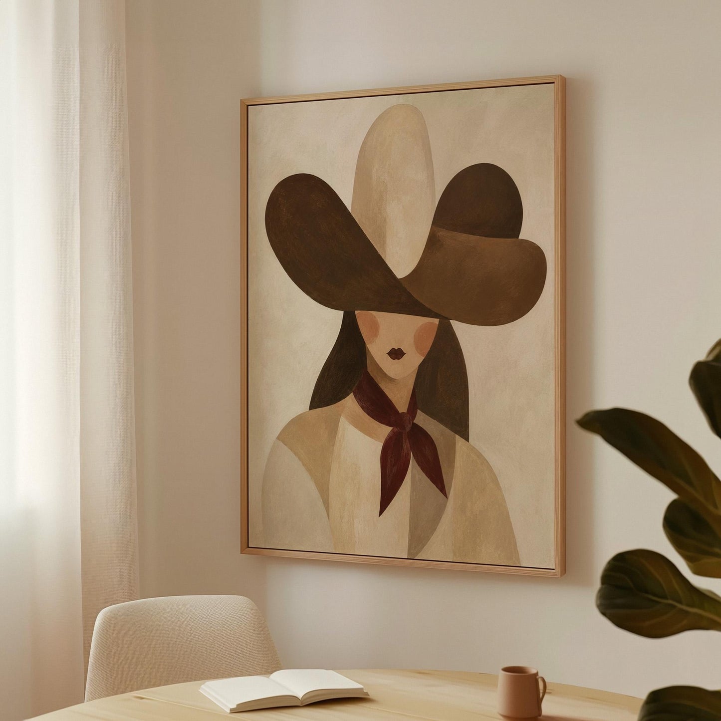Woman in a deep brown cowboy hat with long hair and a wine red scarf, canvas print shown to scale in a furnished room