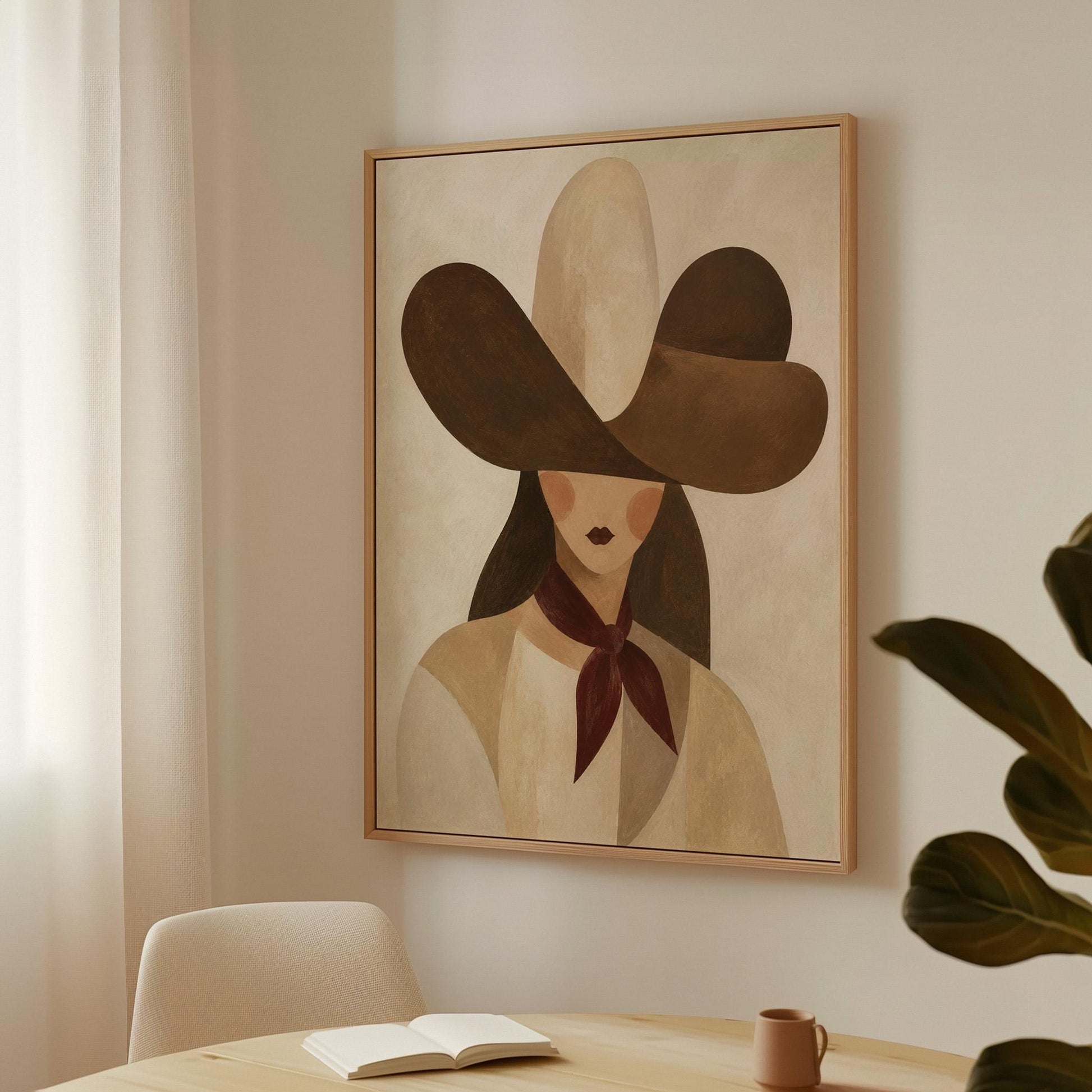 Woman in a deep brown cowboy hat with long hair and a wine red scarf, canvas print shown to scale in a furnished room