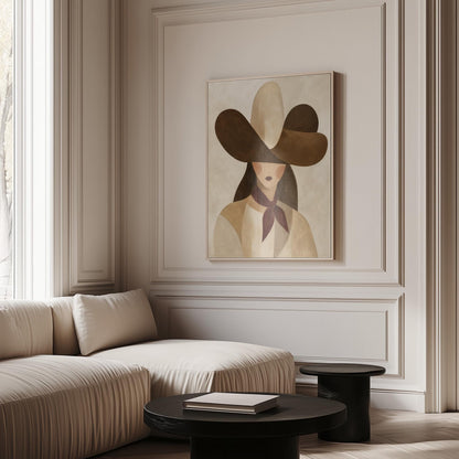 Woman in a deep brown cowboy hat with long hair and a wine red scarf, canvas wall art hanging in a calm, modern living space