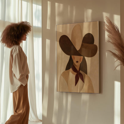 Woman in a deep brown cowboy hat with long hair and a wine red scarf, canvas wall art styled against a soft white wall