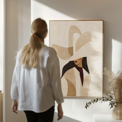 Abstract sculptural cream cowboy hat above a woman in a pale coat, canvas print seen in a warm interior with natural light