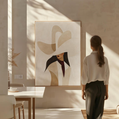 Abstract sculptural cream cowboy hat above a woman in a pale coat, canvas print on a quiet wall in a considered interior