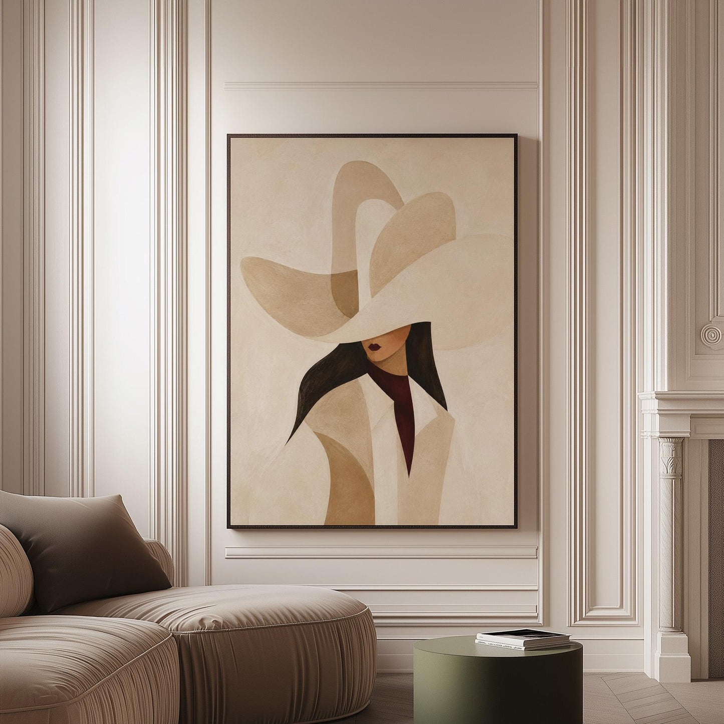 Abstract sculptural cream cowboy hat above a woman in a pale coat, canvas print on a softly lit wall in a calm interior