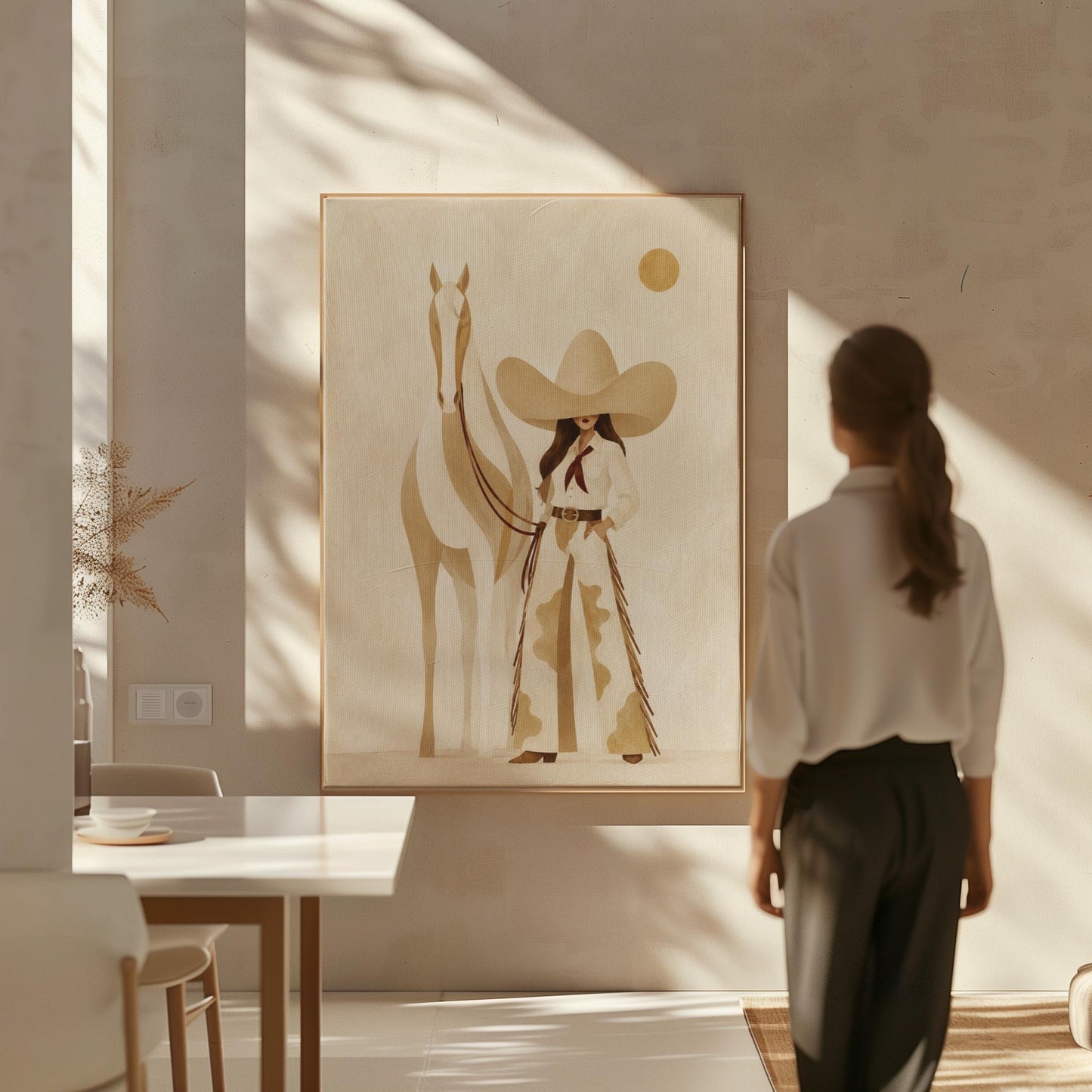 Cowgirl in cream chaps beside a pale horse under a small ochre sun, canvas print presented in a light, minimal room