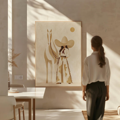 Cowgirl in cream chaps beside a pale horse under a small ochre sun, canvas print presented in a light, minimal room