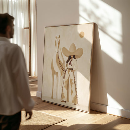 Cowgirl in cream chaps beside a pale horse under a small ochre sun, canvas print shown to scale in a furnished room
