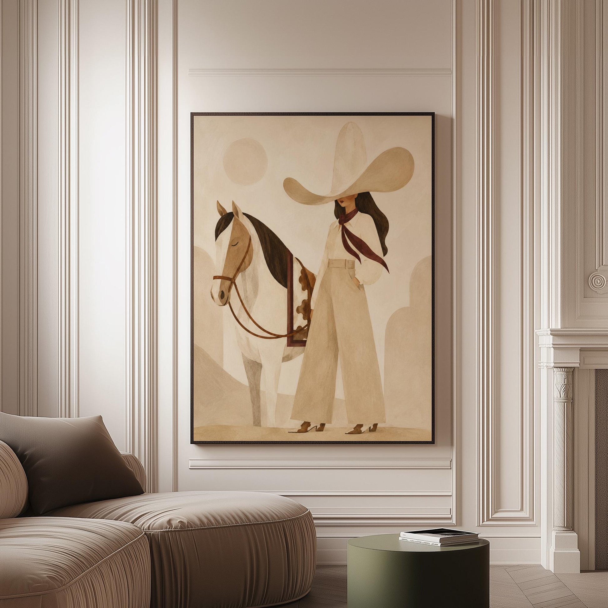 Cowgirl in cream trousers with a red scarf standing by a white horse, canvas print on a softly lit wall in a calm interior
