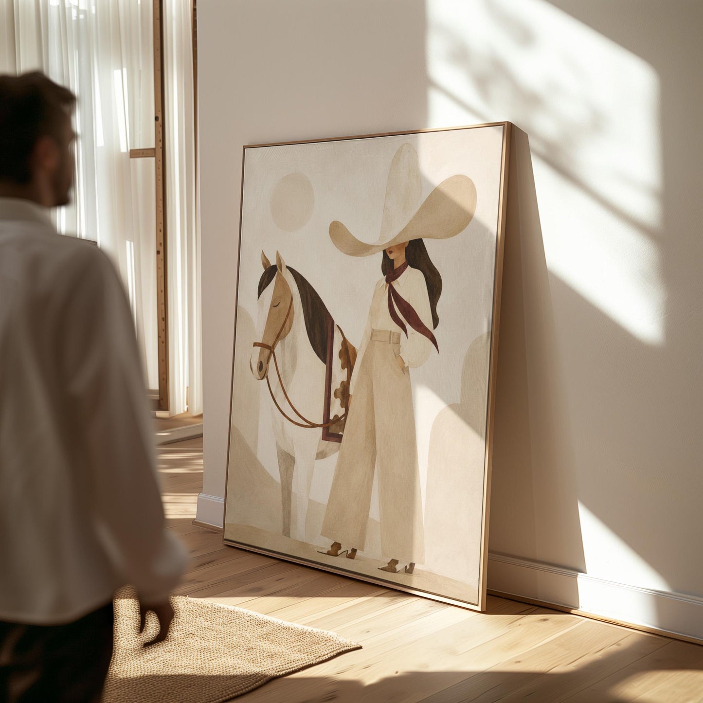 Cowgirl in cream trousers with a red scarf standing by a white horse, canvas print on a quiet wall in a considered interior