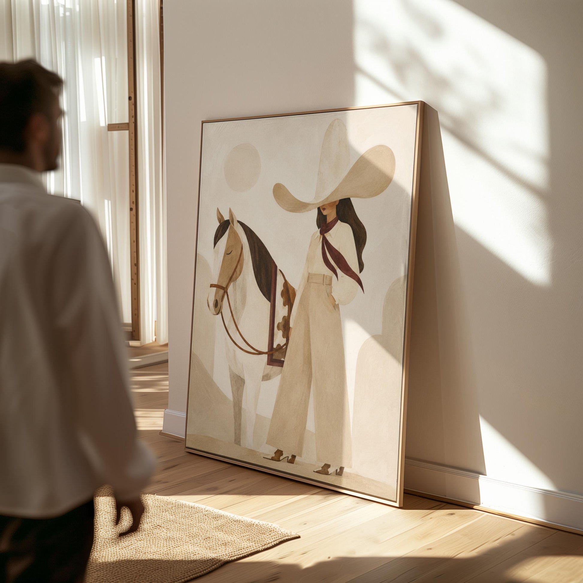 Cowgirl in cream trousers with a red scarf standing by a white horse, canvas print on a quiet wall in a considered interior