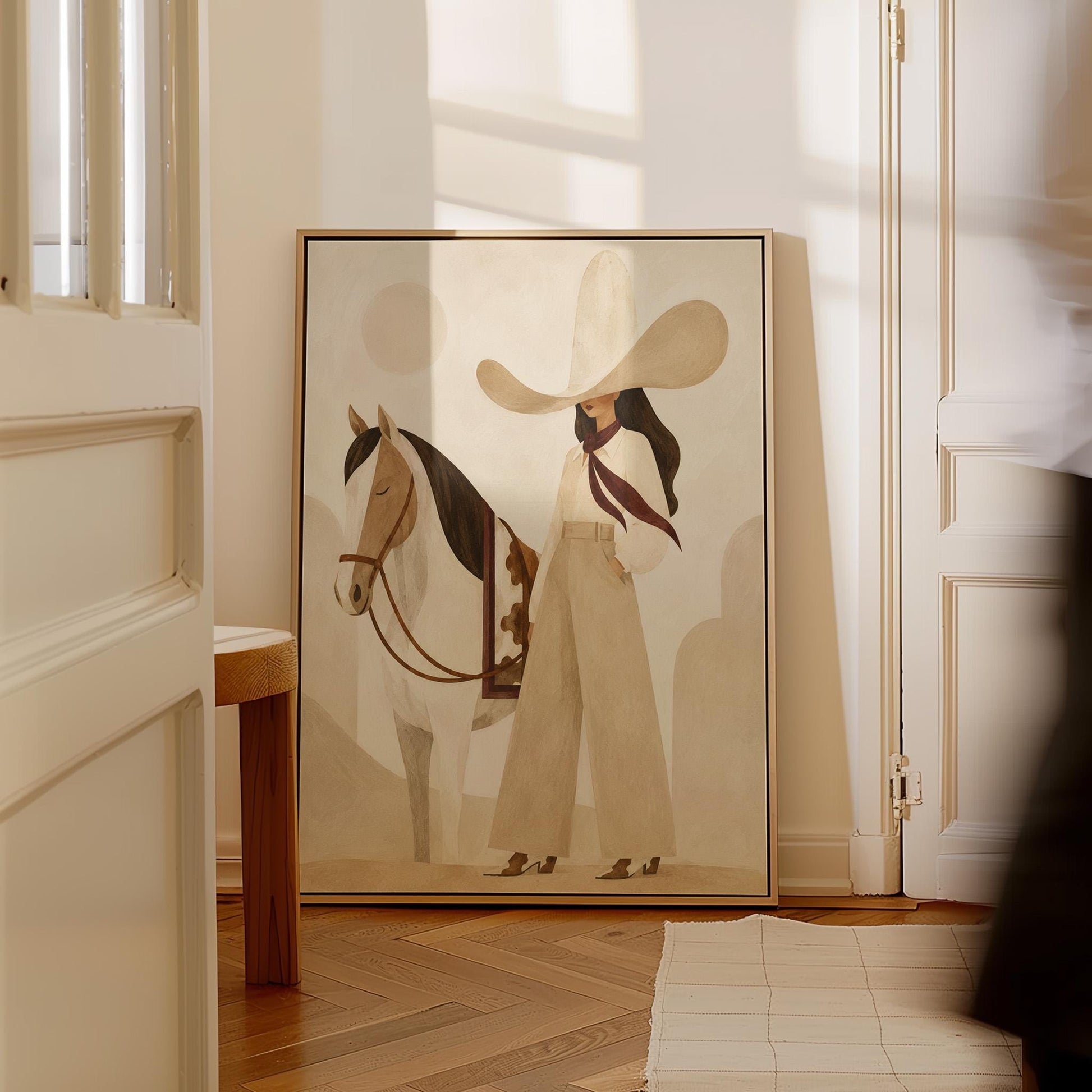 Cowgirl in cream trousers with a red scarf standing by a white horse, canvas print hanging in a calm, modern living space