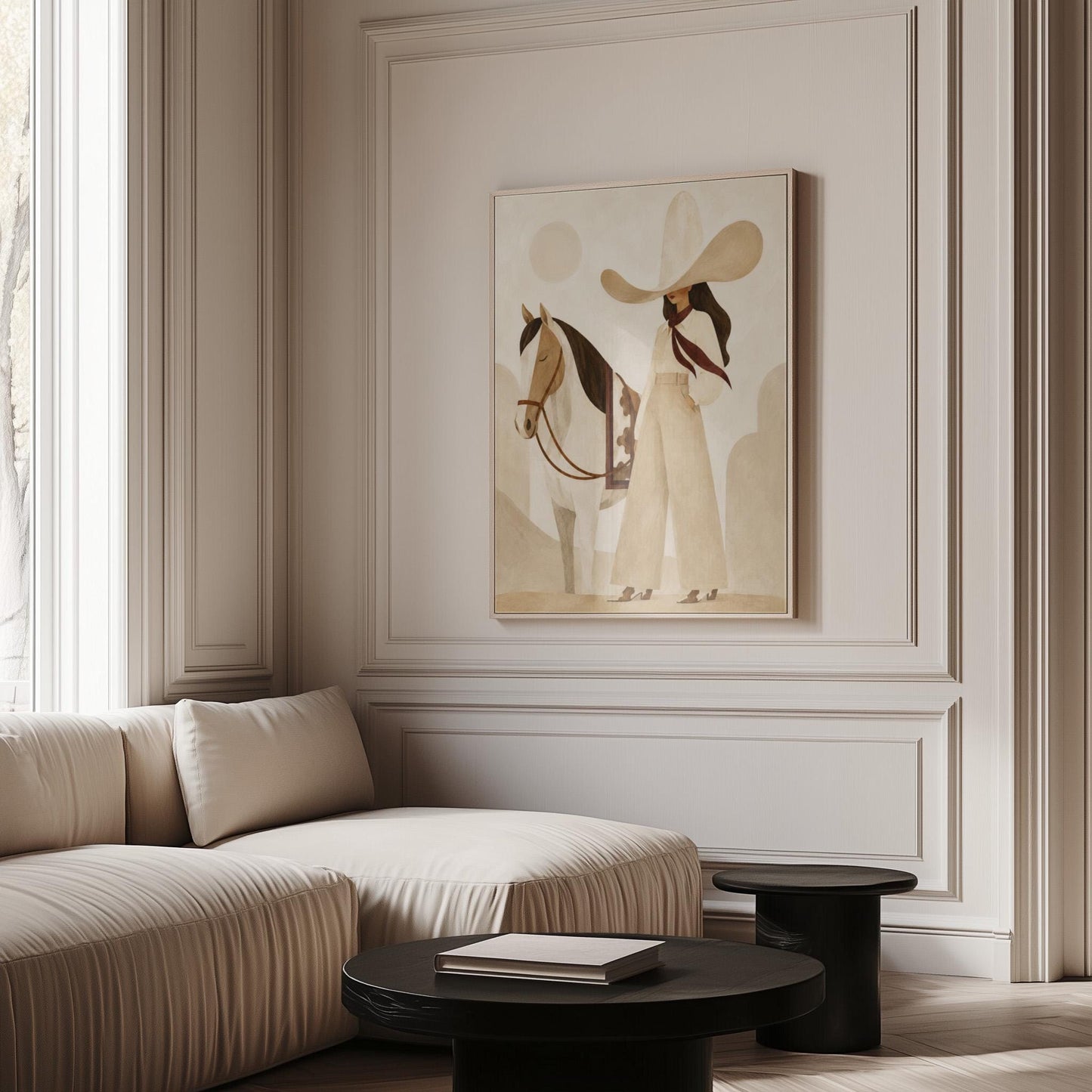 Cowgirl in cream trousers with a red scarf standing by a white horse, canvas wall art presented in a light, minimal room