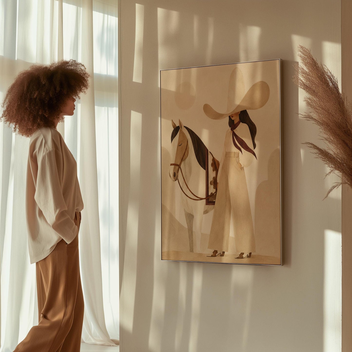 Cowgirl in cream trousers with a red scarf standing by a white horse, canvas wall art on a quiet wall in a considered interior