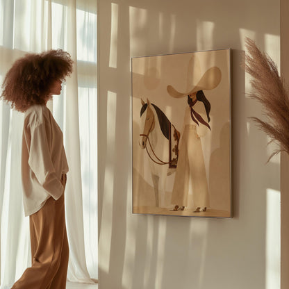 Cowgirl in cream trousers with a red scarf standing by a white horse, canvas wall art on a quiet wall in a considered interior