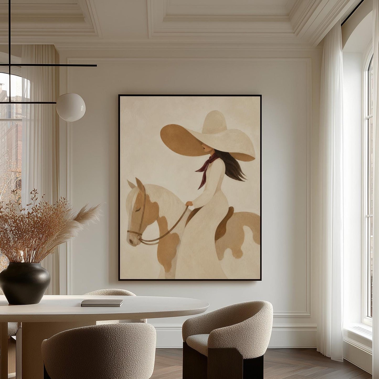 Woman in a long white dress and floppy hat riding a spotted horse, canvas print styled against a soft white wall