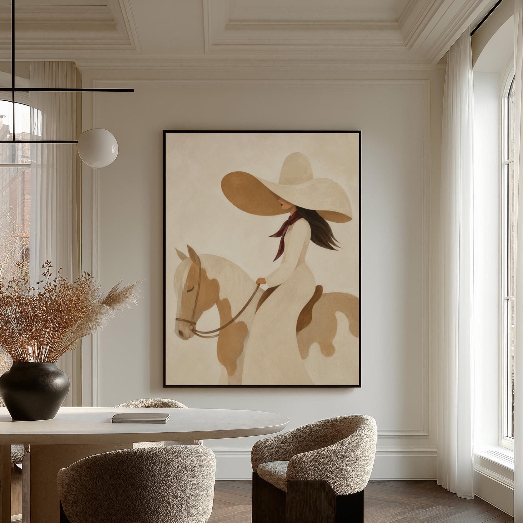 Woman in a long white dress and floppy hat riding a spotted horse, canvas print styled against a soft white wall