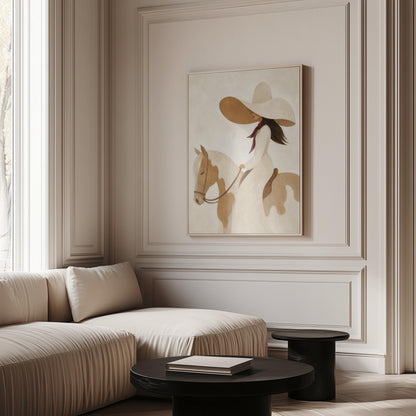Woman in a long white dress and floppy hat riding a spotted horse, canvas print presented in a light, minimal room