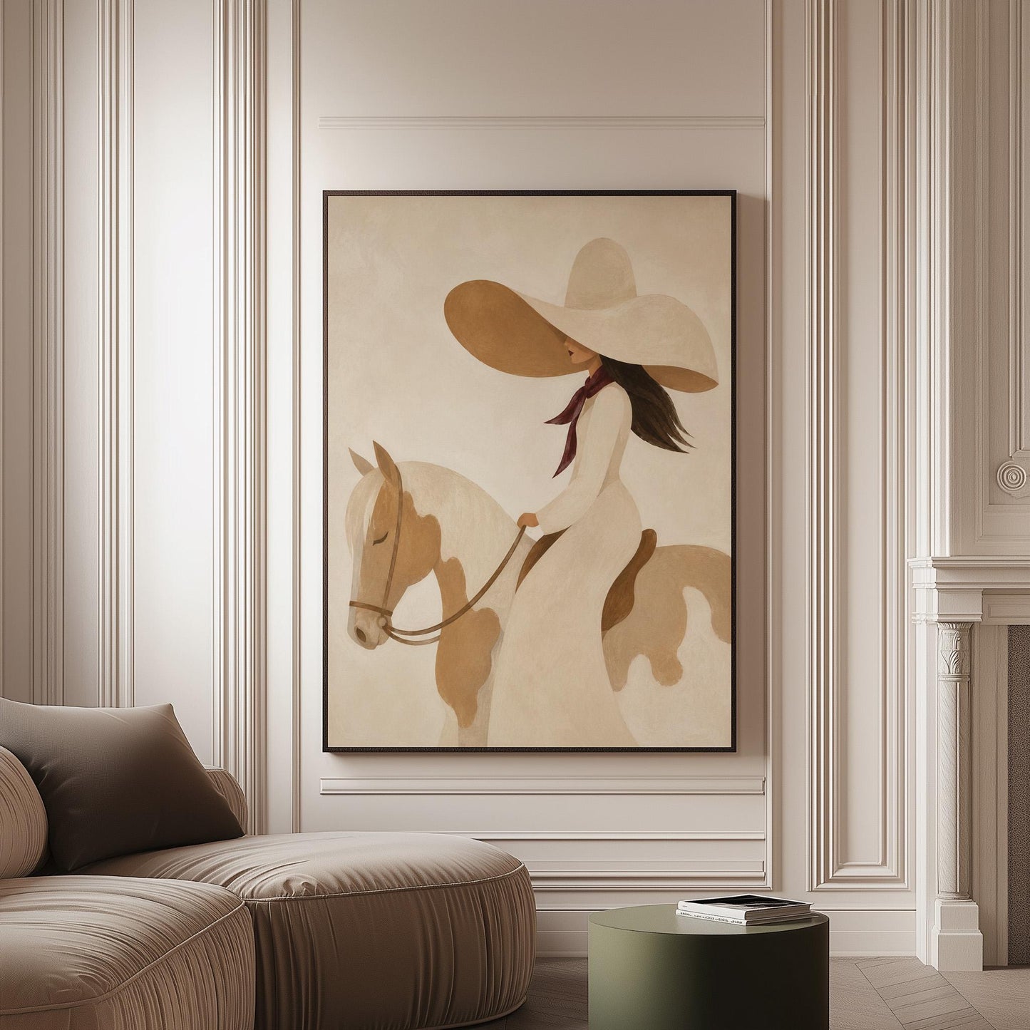 Woman in a long white dress and floppy hat riding a spotted horse, canvas print on a softly lit wall in a calm interior