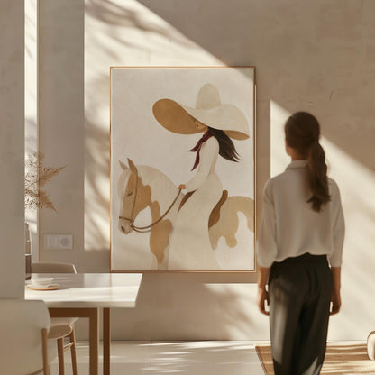 Woman in a long white dress and floppy hat riding a spotted horse, canvas wall art hanging in a calm, modern living space