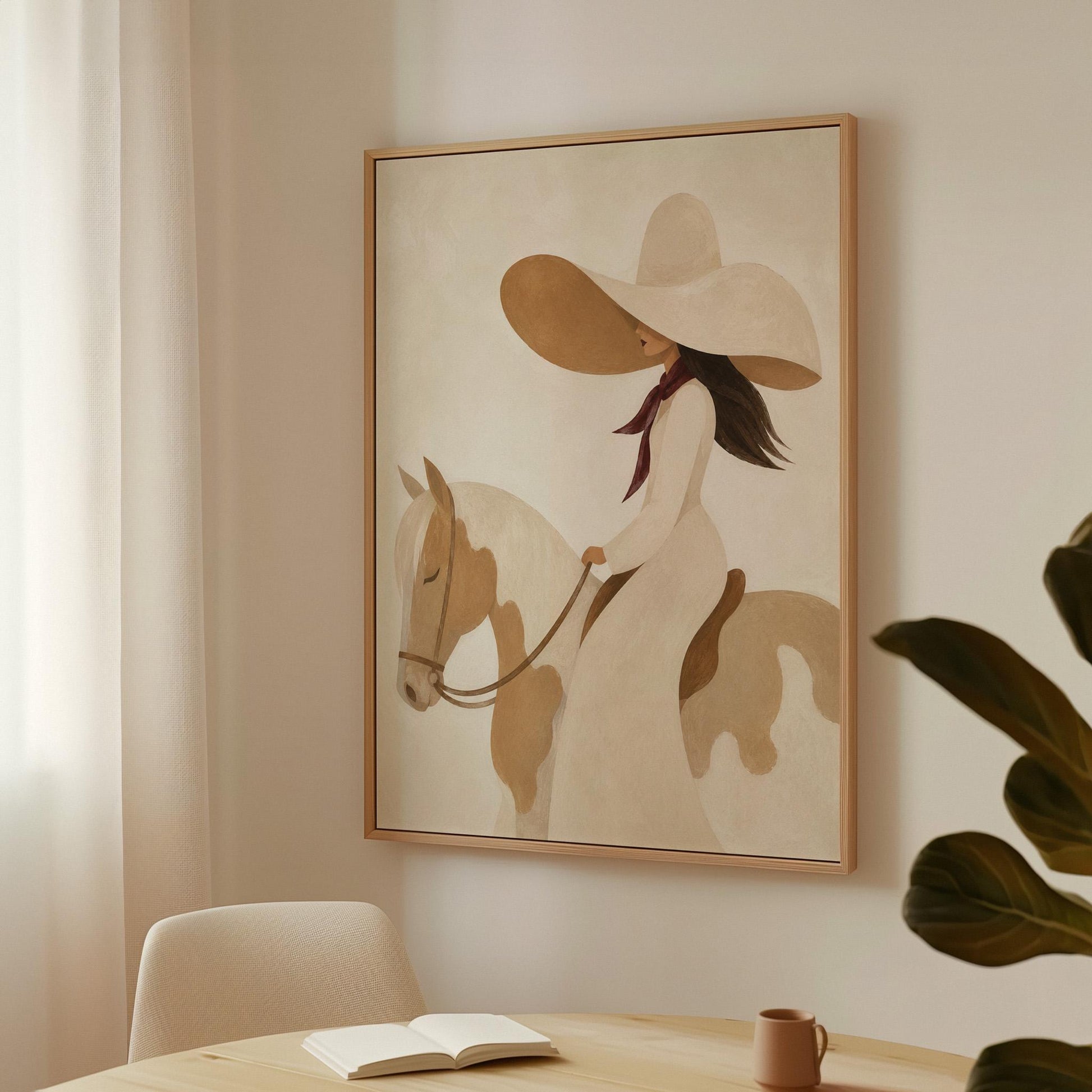 Woman in a long white dress and floppy hat riding a spotted horse, canvas wall art seen in a warm interior with natural light