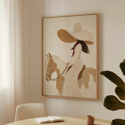 Woman in a long white dress and floppy hat riding a spotted horse, canvas wall art seen in a warm interior with natural light
